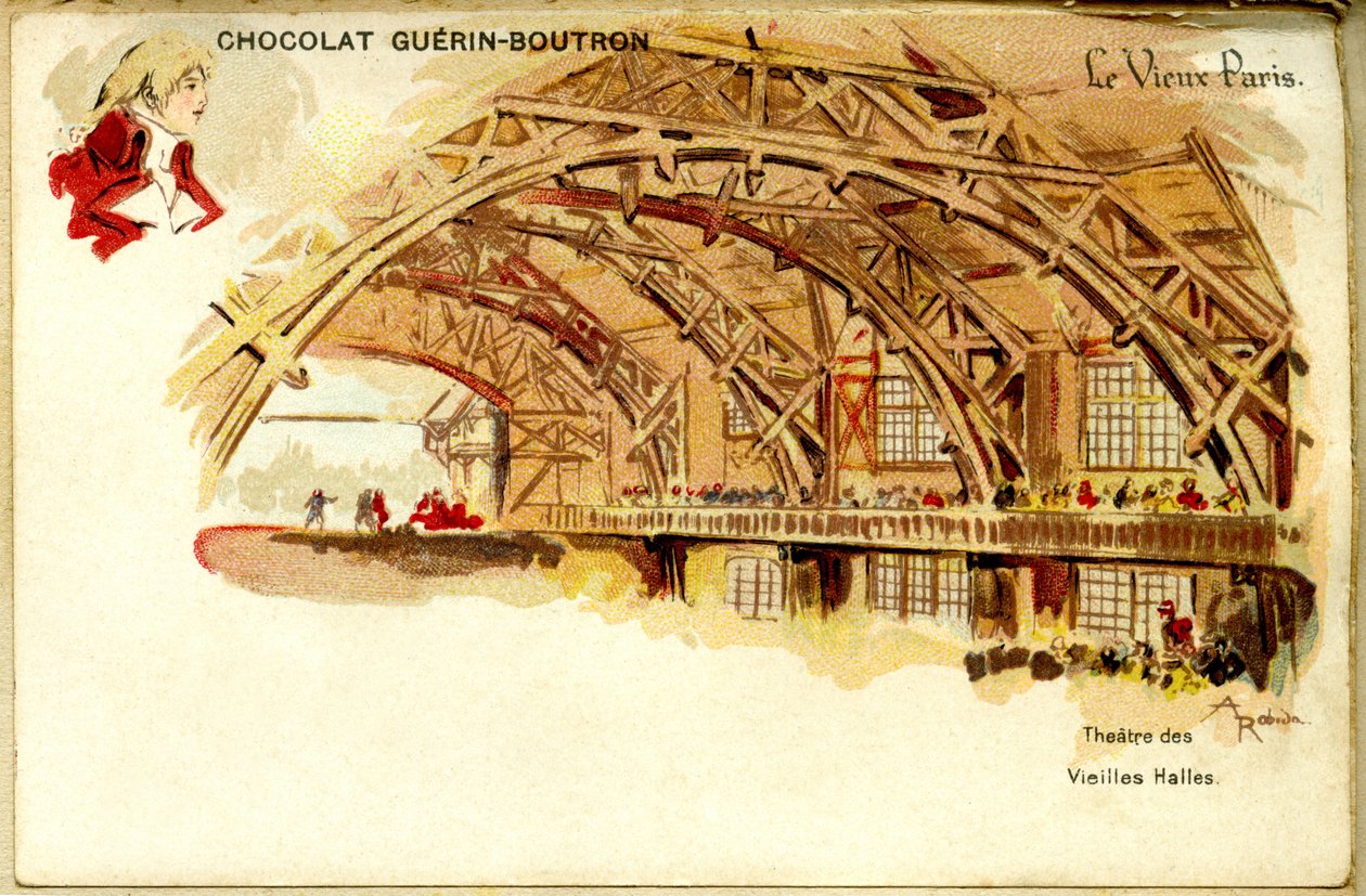 Chromolitografia czekoladowa Czekoladki Guerin Boutron, STARY PARYŻ, Théâtre des Vieilles halles autorstwa French School