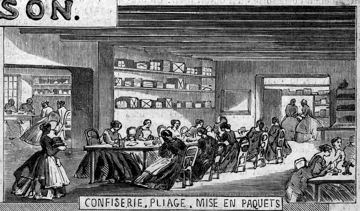 Produkcja czekolady: konfekcja cukierków czekoladowych, warsztat składania i pakowania. Usine de M. Masson, Paryż autorstwa French School