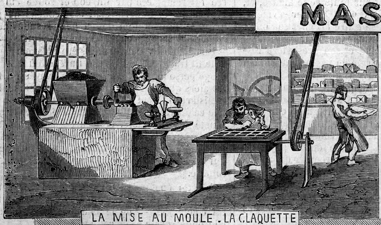 Produkcja czekolady: ważenie i formowanie, gwintownik. Usine de M. Masson, Paryż autorstwa French School
