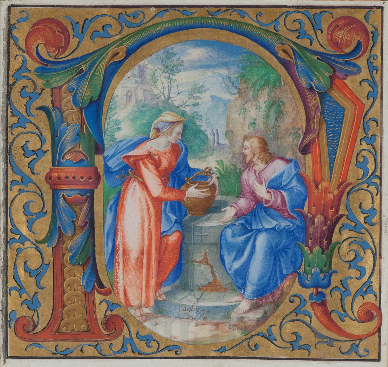 Chrystus i kobieta z Samarii przy studni (tempera na welinie) autorstwa French School
