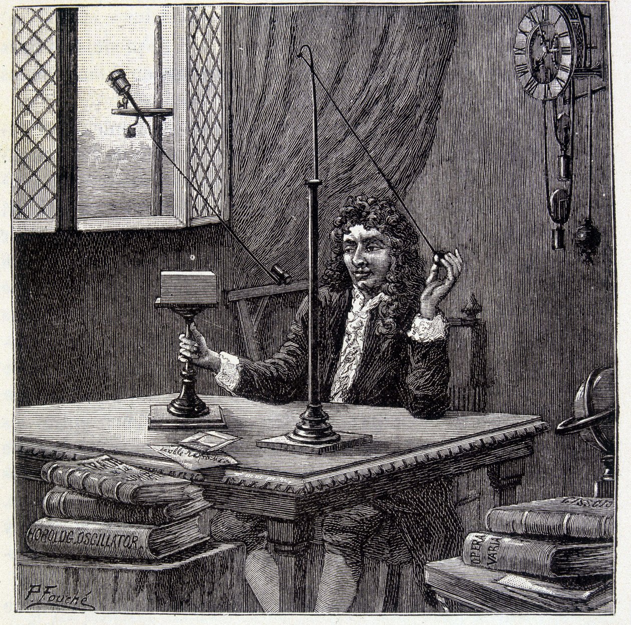 Christian Huyghens obserwujący „”skłonność do ruchu”” lub elastyczność ciała – w „”Physique Populaire”” Emile Desbeaux autorstwa French School
