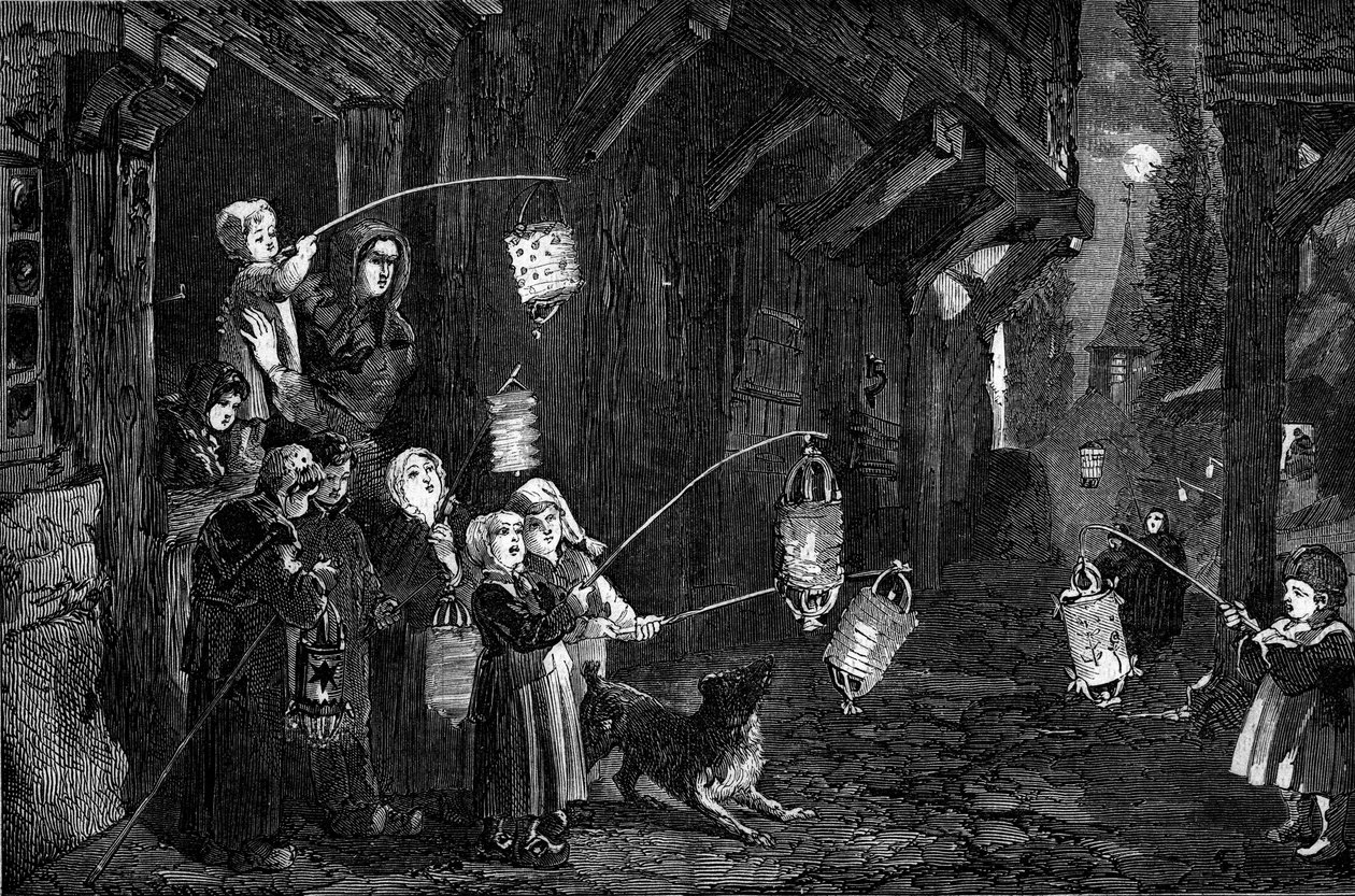 Zwyczaj chrześcijański - Objawienie Pańskie - 1860: dzieci ze wsi w Normandii z latarniami spacerują po ulicach. Grawer w „”Le Monde Illustré””n°143 z 7 stycznia 1860 r. autorstwa French School