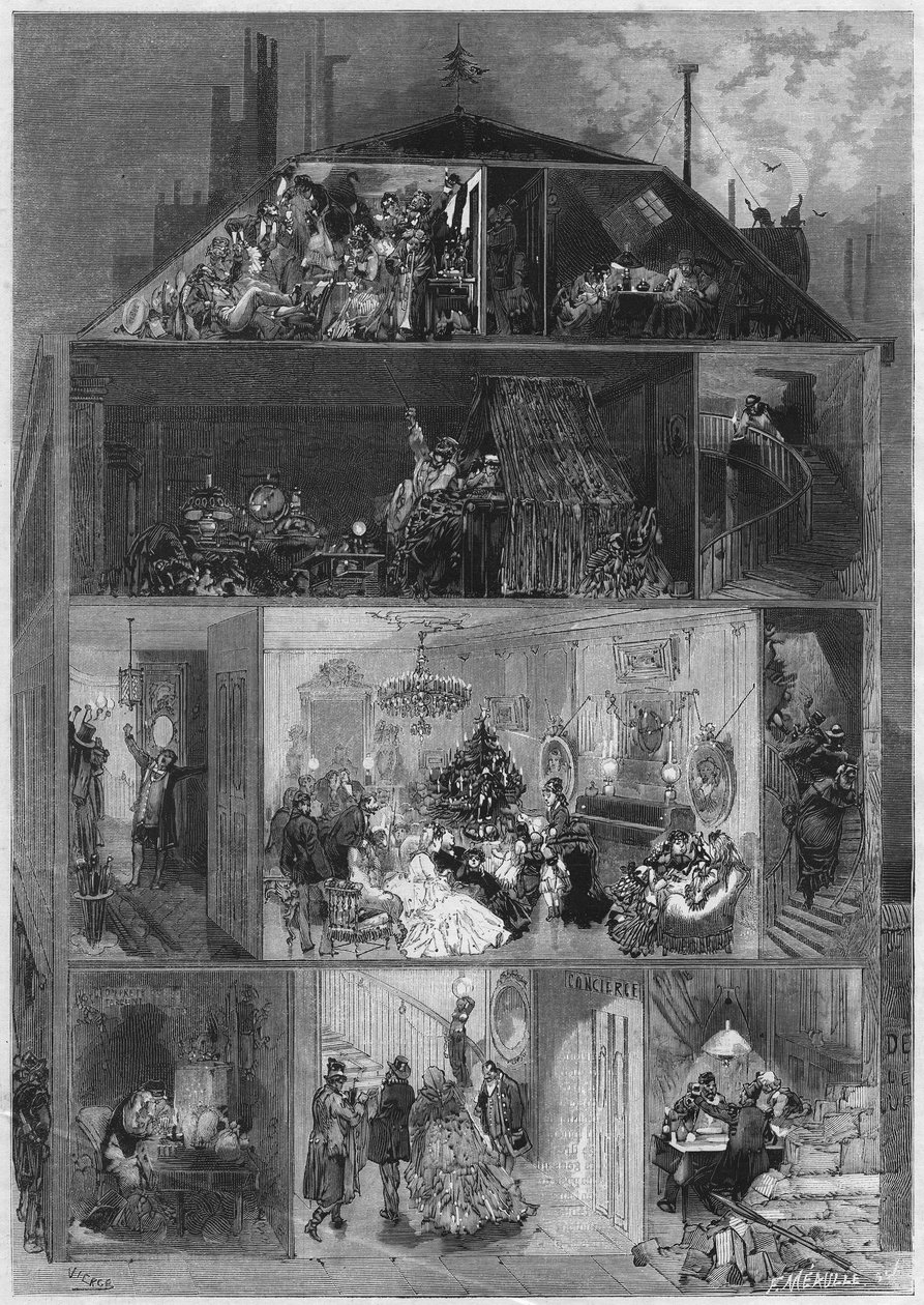 Wigilia: przekrój paryskiego budynku przedstawiający różne sposoby świętowania sylwestra. Grawer w „Le Monde Illustré” nr 810 z 19 października 1872 r. autorstwa French School