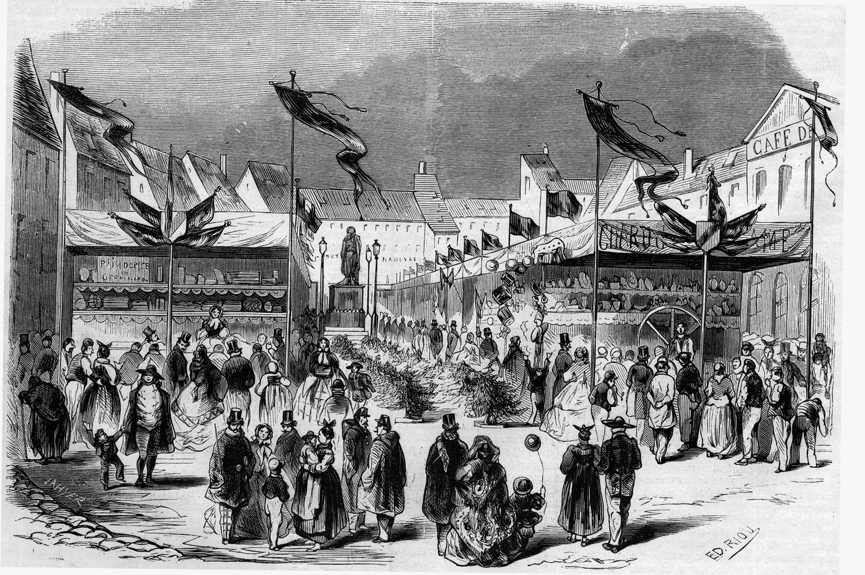 Święto Bożego Narodzenia w Alzacji: Jarmark Bożonarodzeniowy (Małego Jezusa) w Strasburgu w 1857 r. Grawer „”Le Monde Illustré” nr 38 z 2 stycznia autorstwa French School