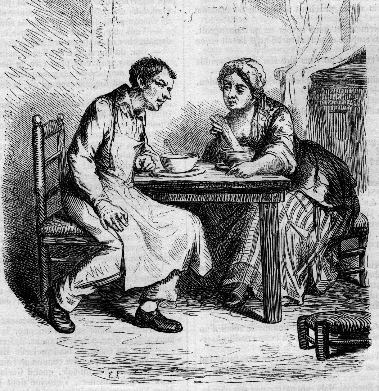 Christophe i gruba Sylvie: służący jedzą śniadanie. Grawerowanie w połowie XIX wieku. Ilustracja do „Ojca Goriota” Honore de Balzac (1799-1850). autorstwa French School