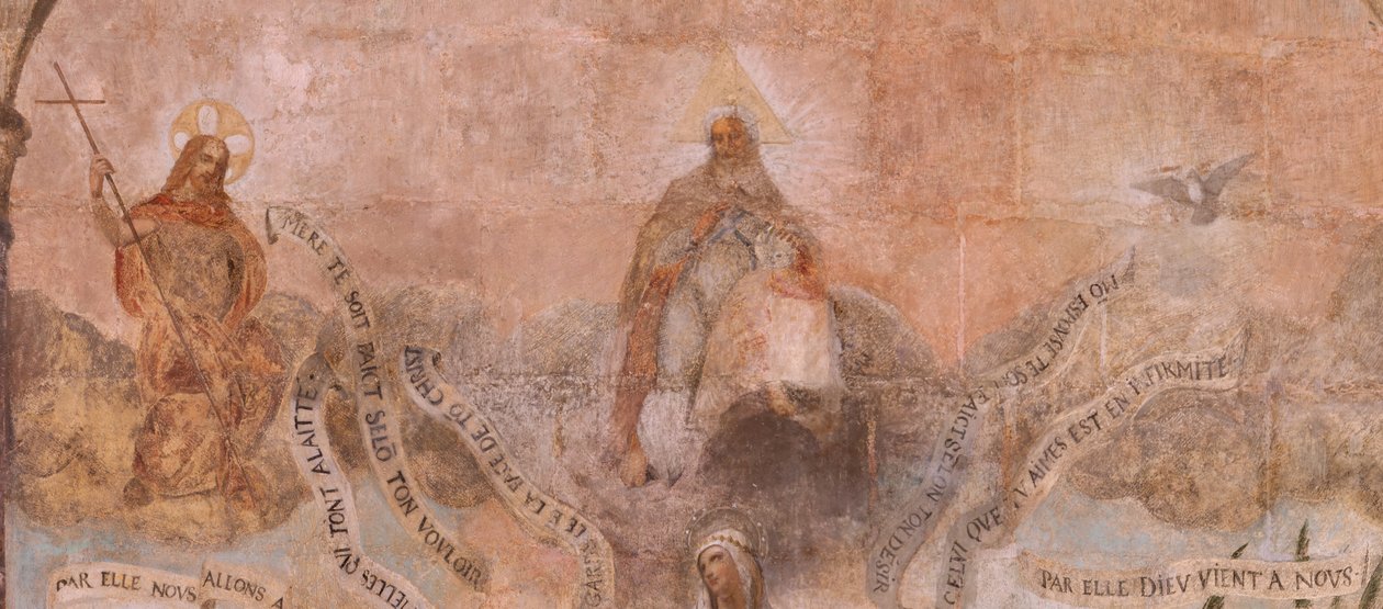 Kościół (Eglise Saint-Jean-Baptiste). Wnętrze. Kaplica Saint-Fursy. Malowidła ścienne. Gloryfikacja Maryi (fresque dite de la bonne mort). Początek XVII wieku. autorstwa French School