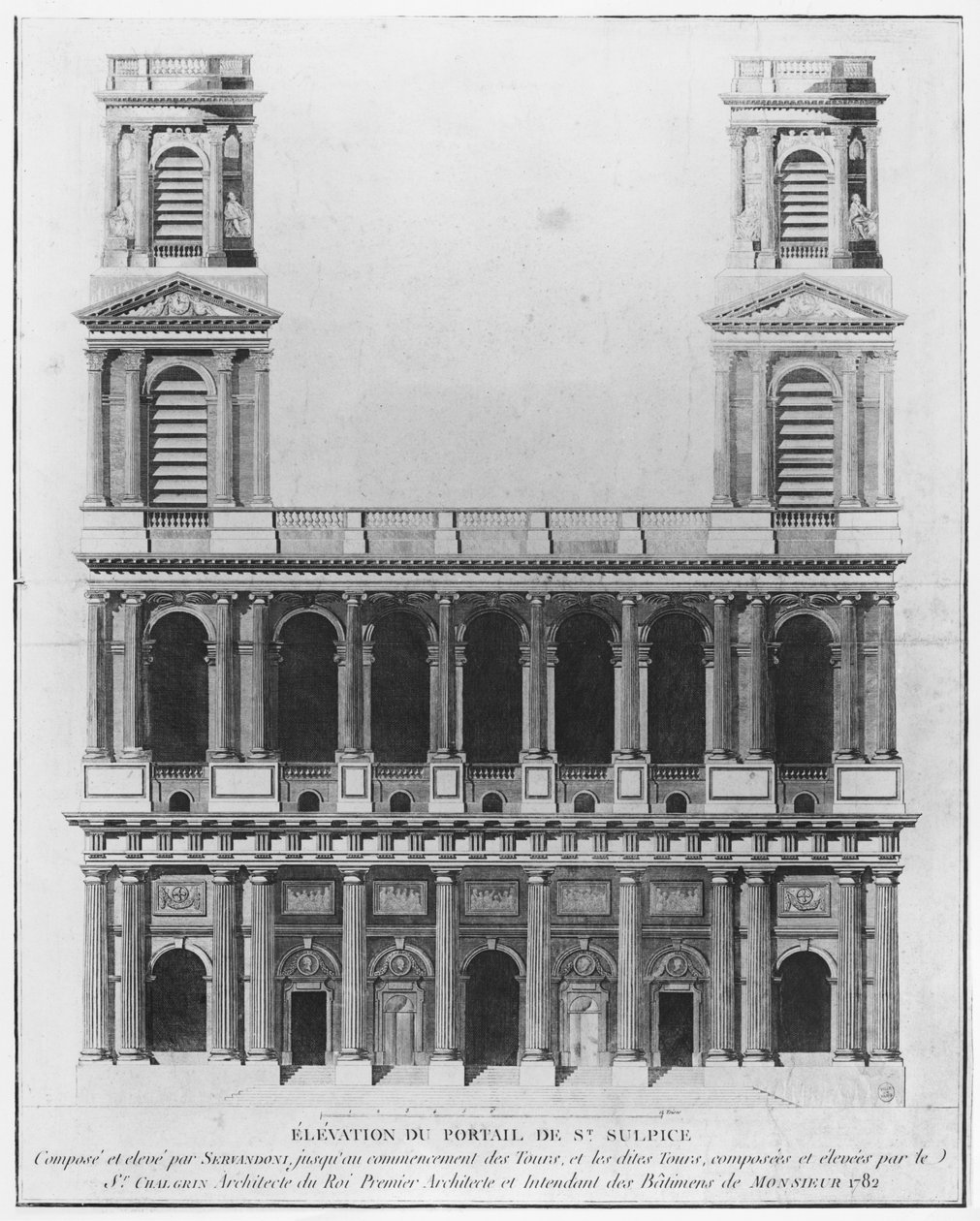 Kościół Saint-Sulpice, elewacja fasady, Paryż, 1782 autorstwa French School
