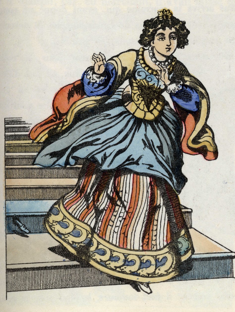 Kopciuszek uciekając z balu, pojawia się jej szklany but. Ilustracja do bajki Charlesa Perraulta „Kopciuszek lub La petite slipper de verre” autorstwa French School