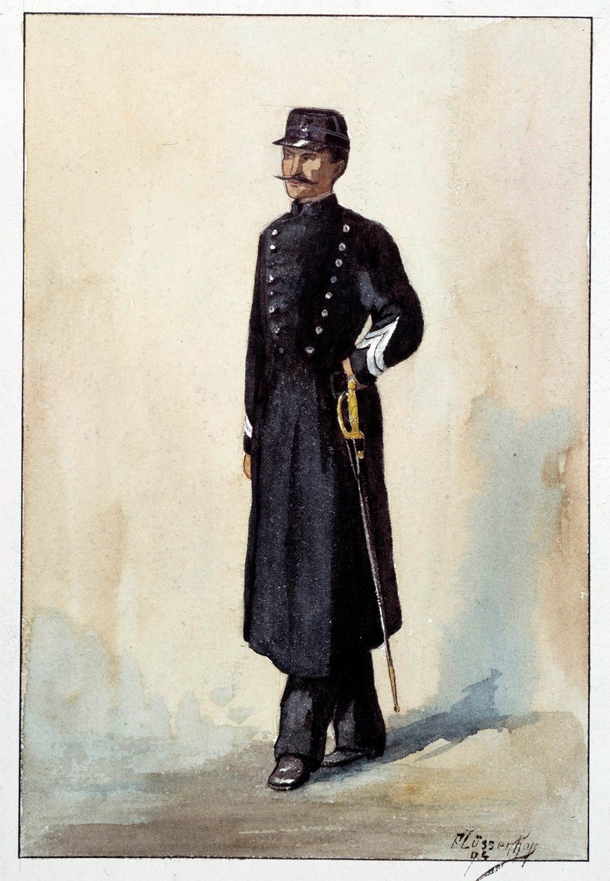 Mundur miejskiego sierżanta policji w okresie II RP. Akwarela około 1870 autorstwa French School