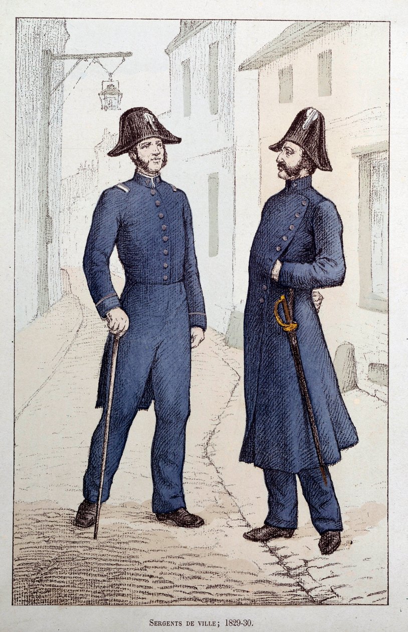 Sierżanci miejscy. Rozmawia dwóch stróżów prawa. Litografia około 1829-1830 Prefecture de Police, Paryż autorstwa French School
