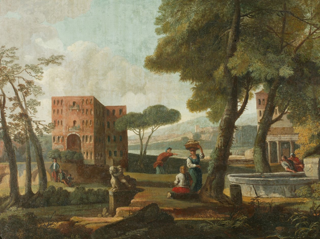 Klasyczny pejzaż ze sfinksem, ok. 1700 r. (olej na płótnie) autorstwa French School