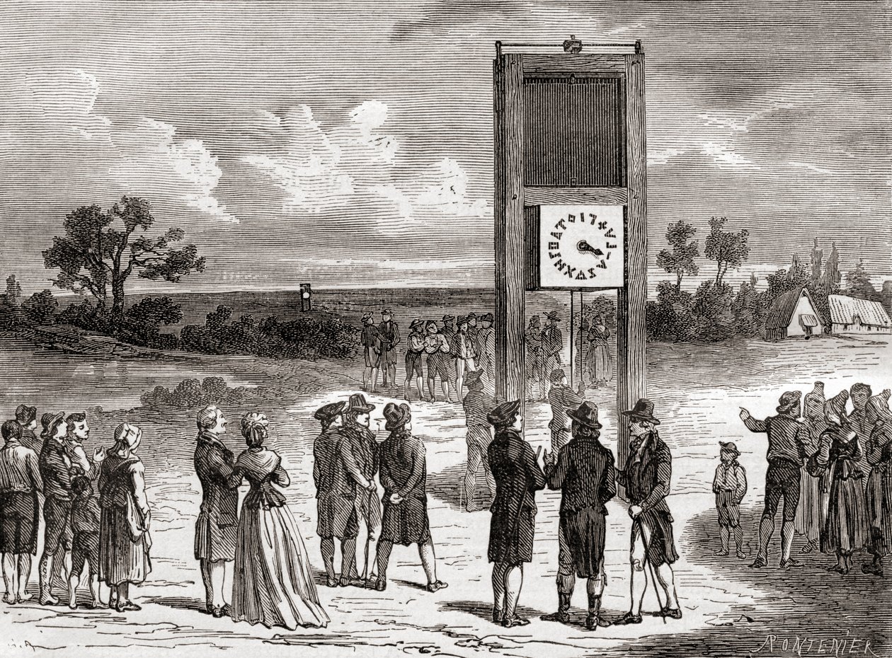 Claude Chappe demonstrujący swój pierwszy powietrzny system telegraficzny w 1791 r., z Les Merveilles de la Science, opublikowanego ok. 1870 r. (rycina) autorstwa French School