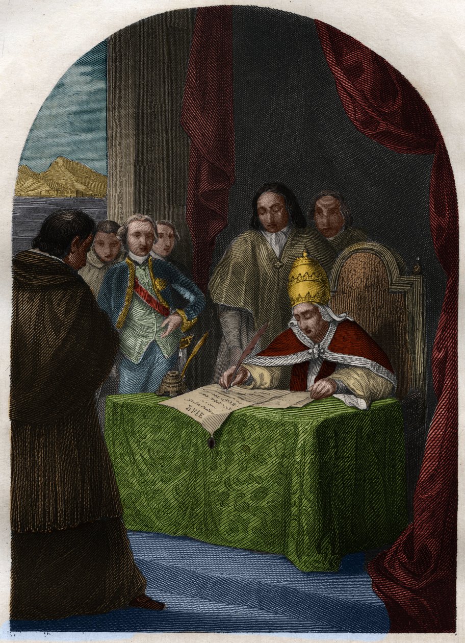 Klemens XIV (Klemente lub Klemens) (1705-1774) znoszący Towarzystwo Jezuitów 21 lipca 1773. Rycina z 1842 roku w „Histoire des Popes: Zbrodnie, morderstwa, otrucia, ojcobójstwa, cudzołóstwa, kazirodztwo... Maurice Lachatre. Prywatna kolekcja. autorstwa French School