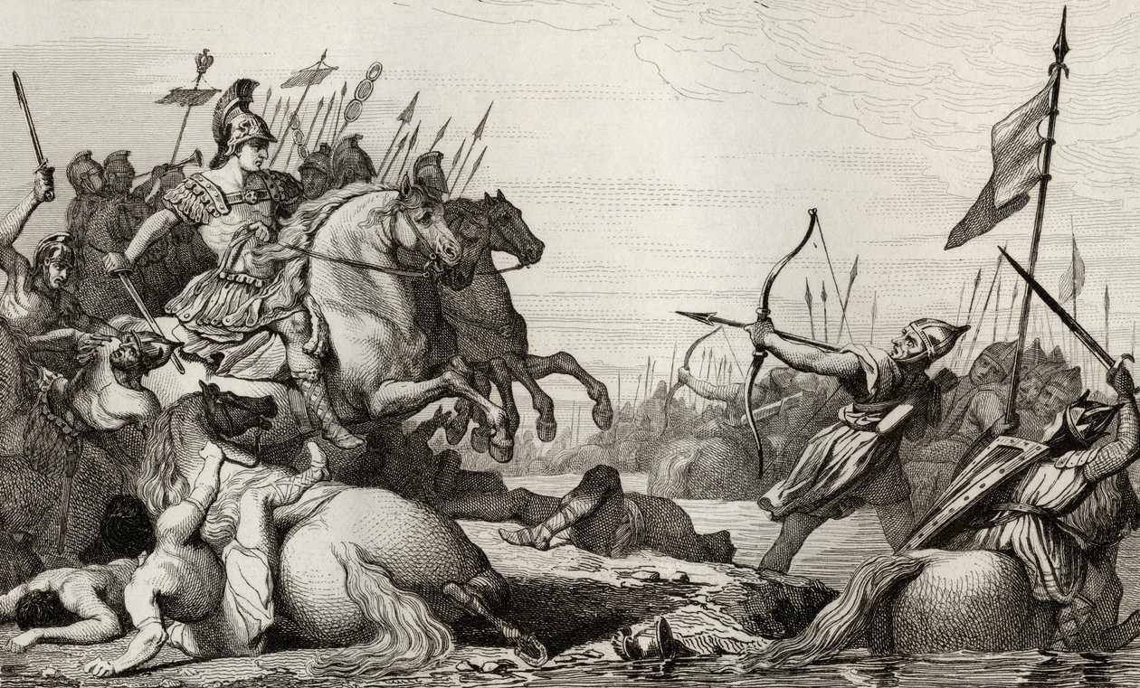 Clodion, Włochaty (ok. 428-47) Retreats Across the Bridge po klęsce Aetiusa, z „Histoire de France” Colarta, wydanej ok. 1840 r. autorstwa French School