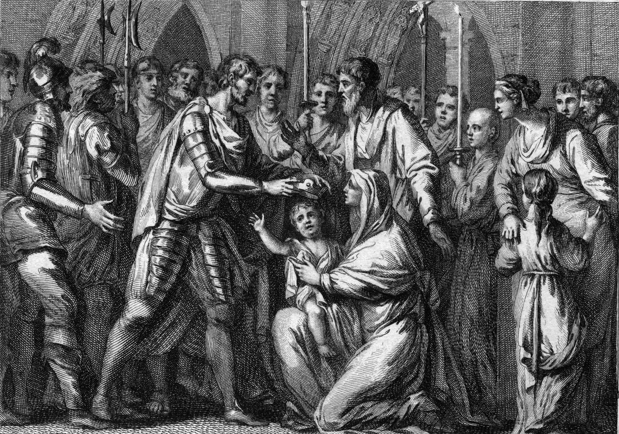 Clotaire (Clothaire) II, zwany Młodym (584-628), koronowany król Neustrii przez swego wuja Gontrana I (ok. 545-592), króla Orleanu i Burgundii. Jego matka, królowa Fredegonde (ok. 545-597), trzyma go w ramionach. 584. Rycina z XVIII wieku. autorstwa French School