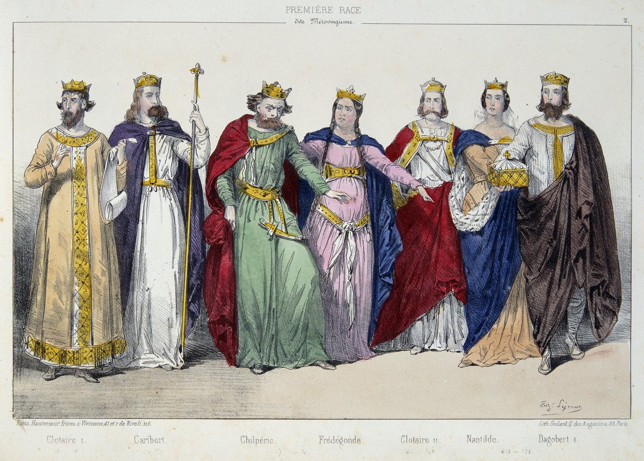 Clotaire (Clothaire) I, Caribert, Chilperic, Fredegonde, Clotaire II, Nantilde, Dagobert I - w „La monarchy francaise en estampes” ” autorstwa French School