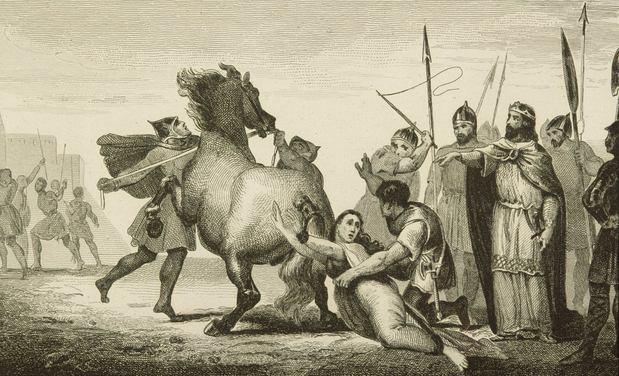 Clotaire II (584-629) przy egzekucji królowej Brunhildy (zm. 613) z „Histoire de France” Colarta, wydanej ok. 1840 r. autorstwa French School