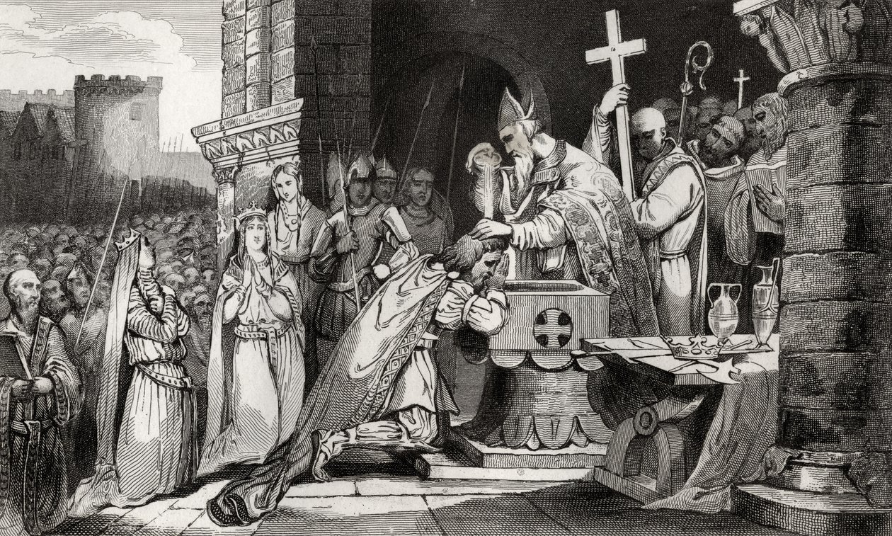 Clovis I (465-511) ochrzczony wraz z mężczyznami ze swojej armii przed bitwą pod Tolbiac, z „Histoire de France” Colarta, wydanej ok. 1840 r. autorstwa French School