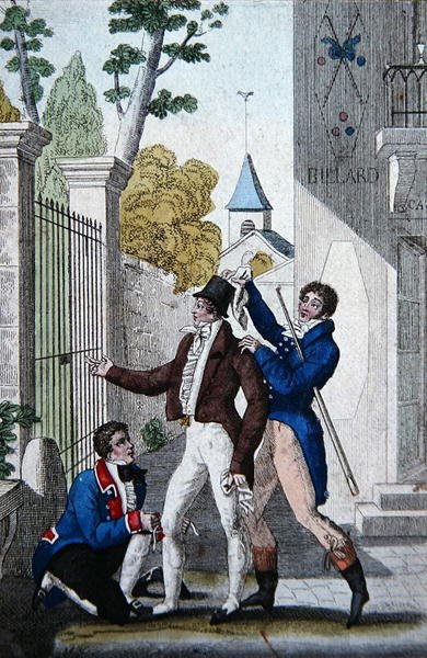 „Clozel, Pelissier i Armand” w akcie III, scena 7 komedii Louis-Benoit Picard „Les Deux Philibert” (kolor lito) autorstwa French School
