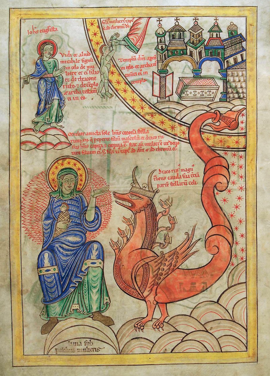 Dorsz. Guelfa. 1 Gud. łac. (14v), Szkarłatna Kobieta, Matka Obrzydliwości spotykająca Bestię Apokalipsy, z Liber Floridus Lamberta de Saint-Omer c.1120 autorstwa French School