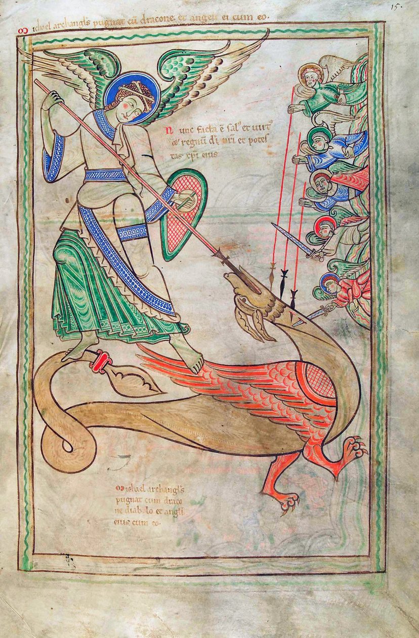 Dorsz. Guelfa. 1 Gud. łac. 15r, Święty Michał walczący ze smokiem, z Liber Floridus Lamberta de Saint-Omer c.1120 autorstwa French School