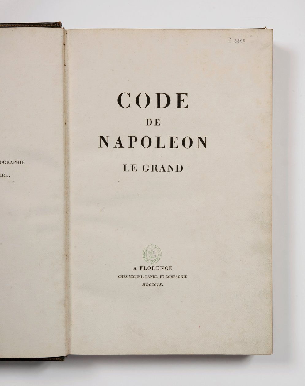 Kodeks Napoleona Wielkiego, otwarty na stronie tytułowej, opublikowany Florencja, Molini, Landi et Cie, 1809 autorstwa French School