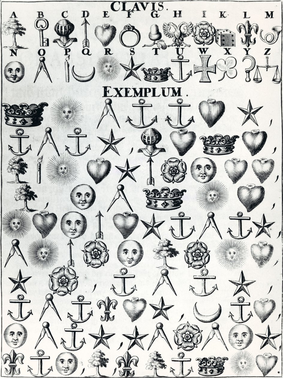 Kodowany język, z Cryptographia, czyli tajnego pisma i prawdziwej korespondencji Johanna Balthasara Friderici, opublikowanego w Hamburgu w 1685 r. autorstwa French School