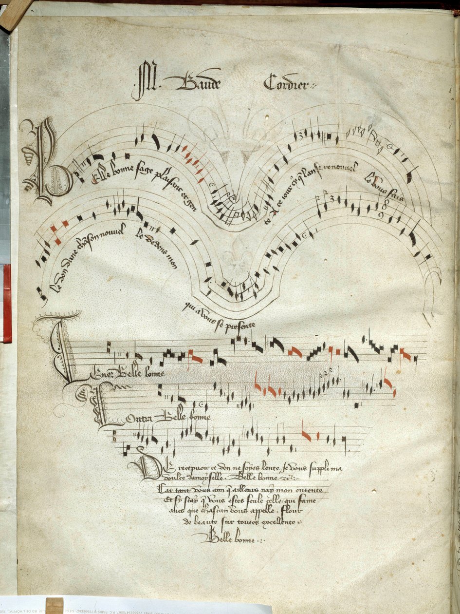 Zbiór ballad, motetów i pieśni Karta muzyczna z czarno-niebieskimi czerwonymi nutami autorstwa Baude Cordier (1380-1440), nuty na początek XV wieku. Chantilly, Muzeum Conde autorstwa French School