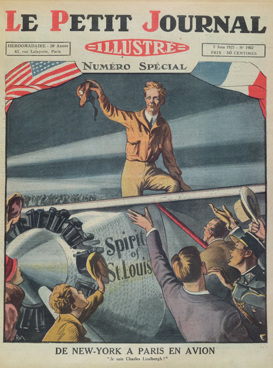 Pułkownik Charles Lindbergh (1902-74) po przybyciu na lotnisko Le Bourget po pierwszym transatlantyckim locie z Nowego Jorku do Paryża w dniu 21 maja 1927, okładka Le Petit Journal, 5 czerwca 1927 (płk autorstwa French School