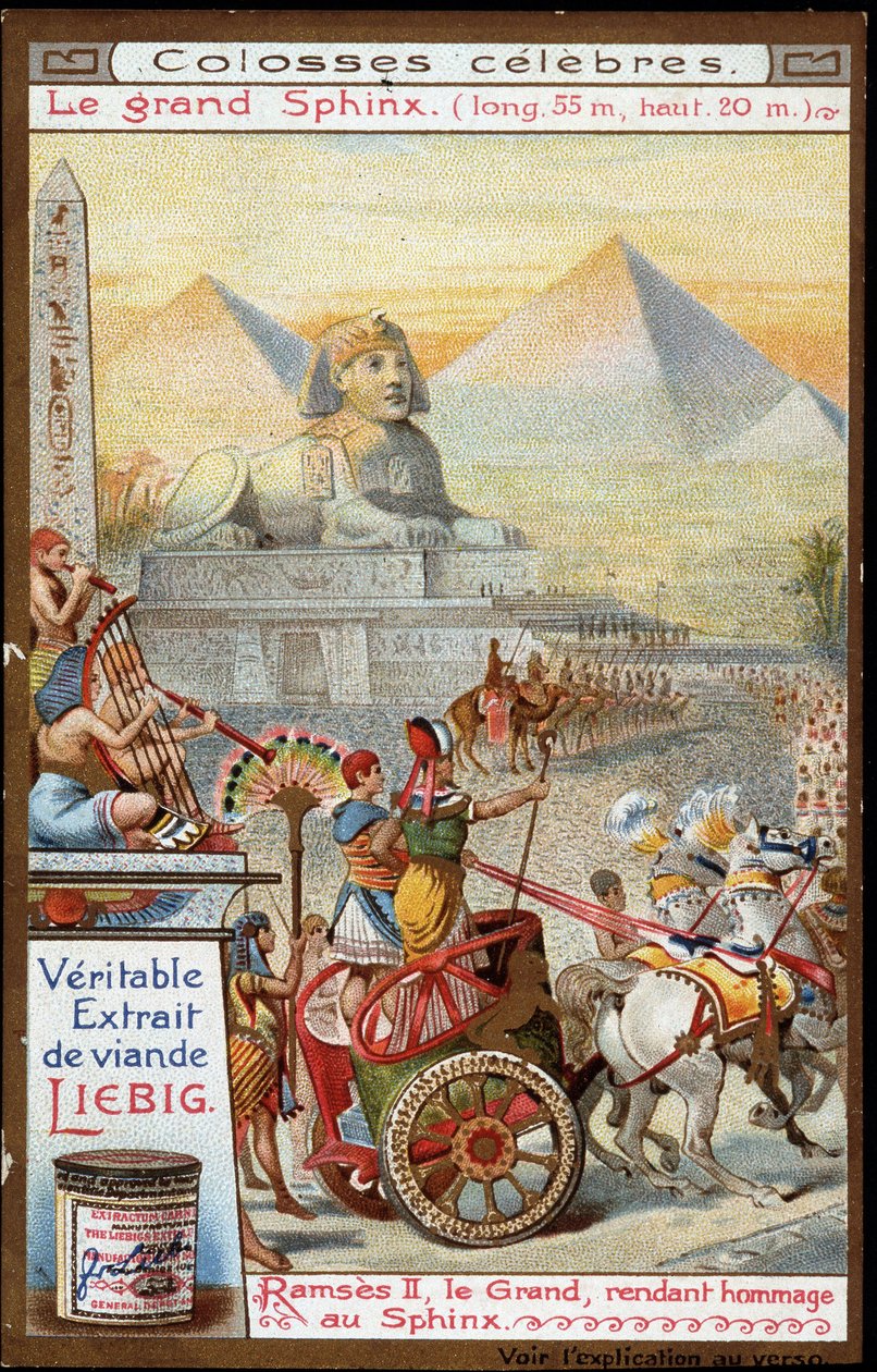 Słynny kolos: Wielki Sfinks (długość 55 m, wysokość 20 m): Ramzes II Wielki oddający hołd Sfinksowi - Chromolitografia Liebiga autorstwa French School