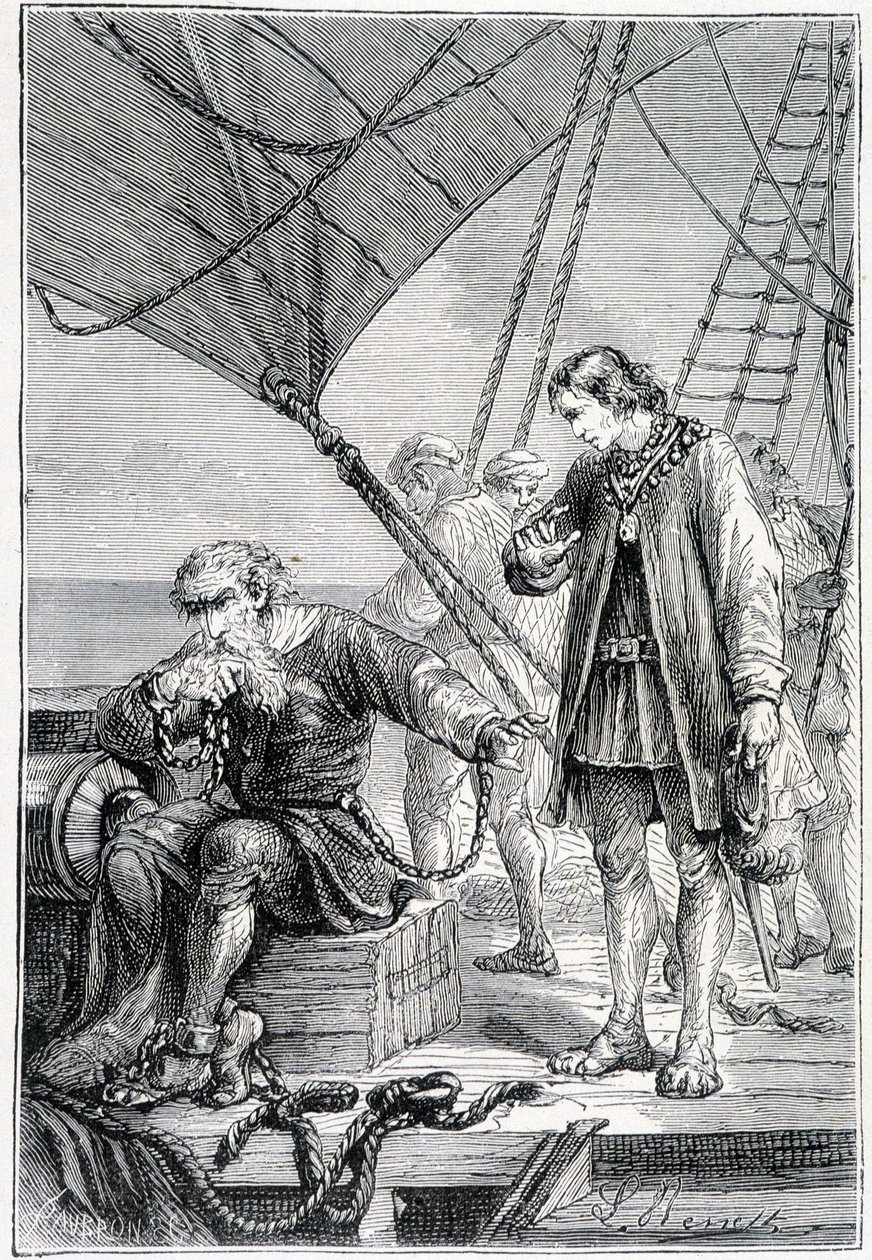 Kolumb związany jak złoczyńca (na pokładzie statku), chory. „”Odkrycie de la Terre””Jules Verne, wyd. Hetzel, b.d. 19. autorstwa French School