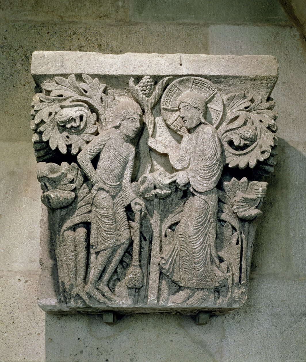Kapitel kolumny przedstawiający Chrystusa i Jakuba Mniejszego, ok. 1125-30 (wapień) autorstwa French School
