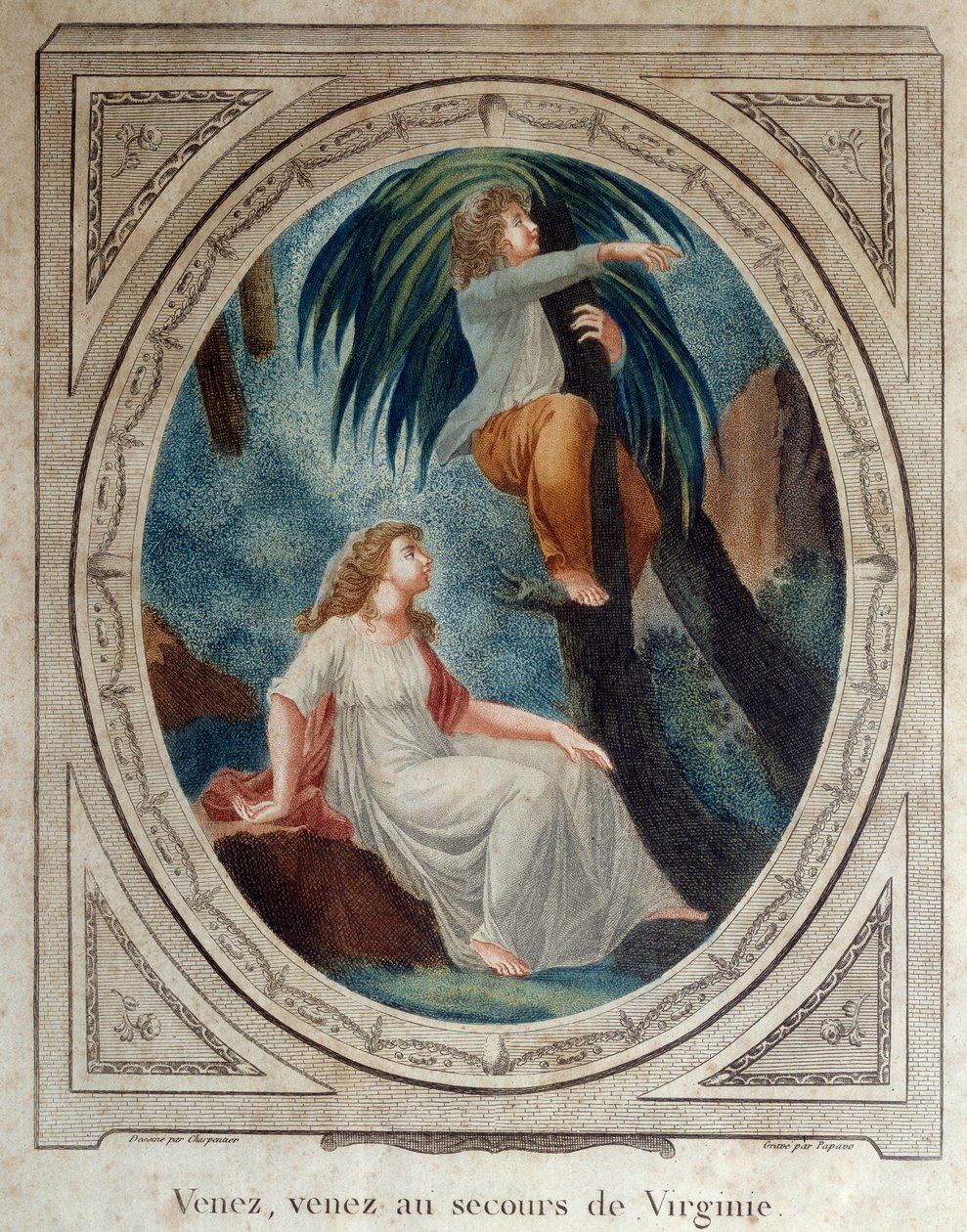 Chodź, pomóż Virginii. Ilustracja do powieści „Paul i Virginie” Bernardina de Saint Pierre (1737-1814). Grawer z 1790 r. La Rochelle, Muzeum Nowego Świata autorstwa French School