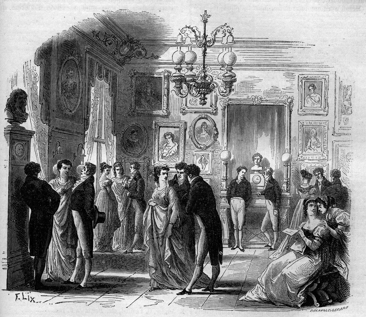 Comedie Francaise: widok foyer artystów z komikami Francois-Joseph (Francois Joseph) Talma (1763-1826) i Anne Boutet, dit Mademoiselle Mars (1779 - 1847), francuska komiczka. Grawerowanie z lat 1867-1868. autorstwa French School