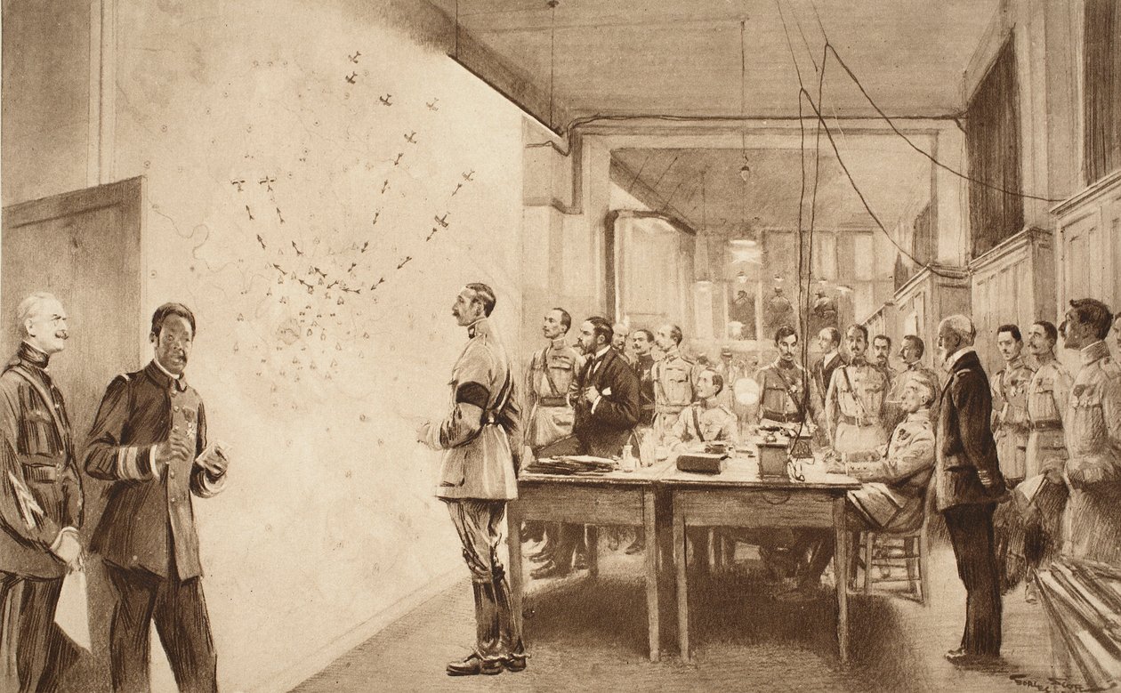 Komendant i Sztab Francuskiego Departamentu Lotnictwa zaznaczający postępy nalotu Gotha na Paryż, 1914-19 autorstwa French School