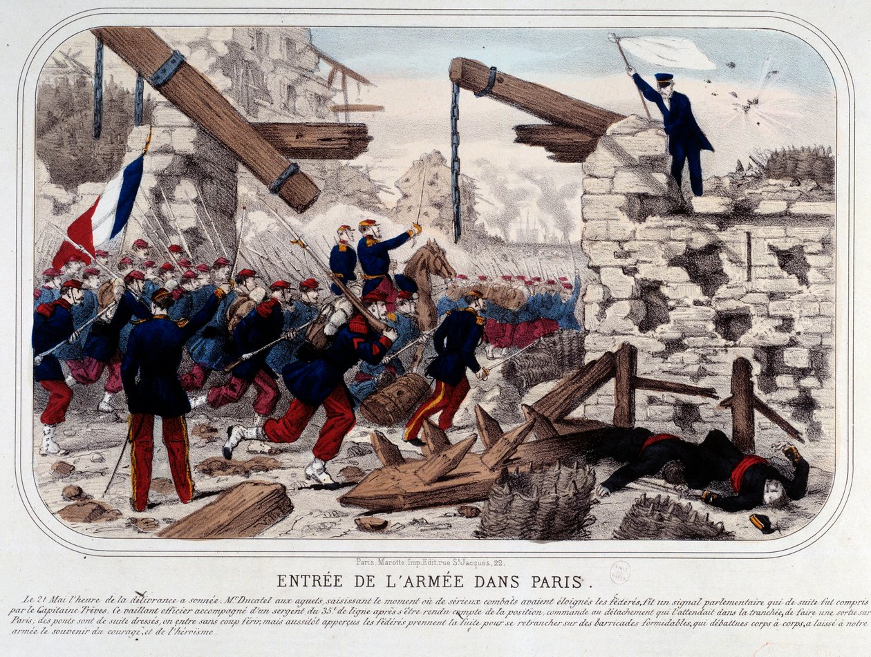 Commune de Paris: Wejście Armii Wersalskiej w Paryżu. Grawerowanie 1871. Paryż, Musee Carnavalet autorstwa French School