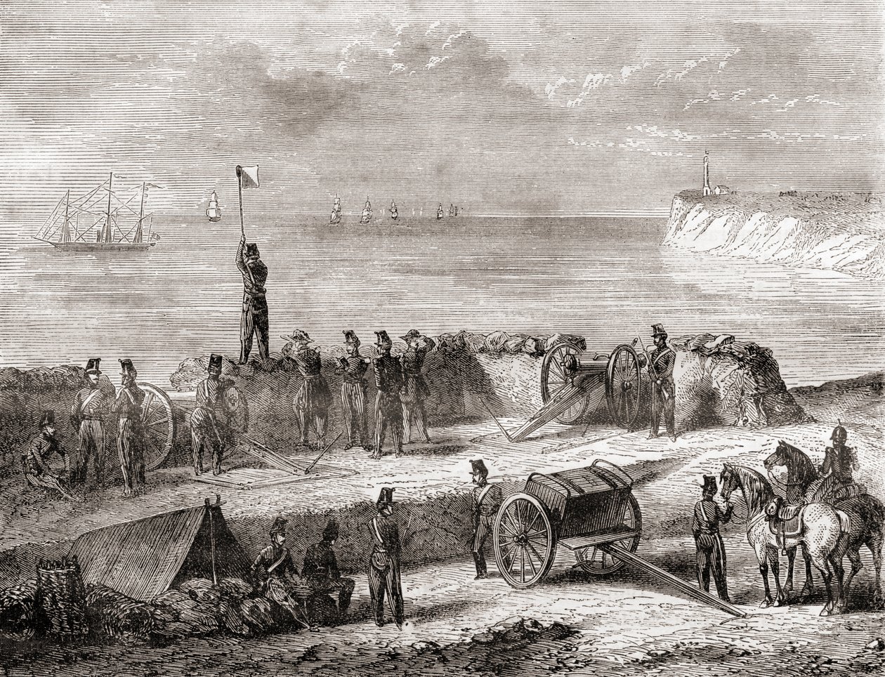 Komunikacja między statkiem wchodzącym do portu a wojskami lądowymi przy użyciu systemu semaforowego, z Les Merveilles de la Science, opublikowanego ok. 1870 r. (rycina) autorstwa French School