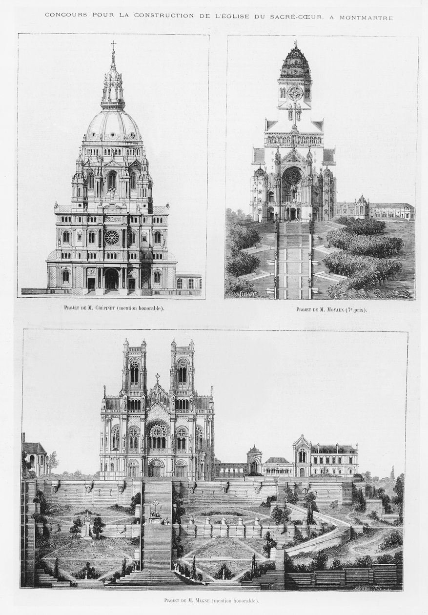 Konkurs na budowę bazyliki Sacré-Coeur na Montmartre, projekty Monsieur Crépinet, Monsieur Moyaux i Monsieur Magne, 1875 autorstwa French School