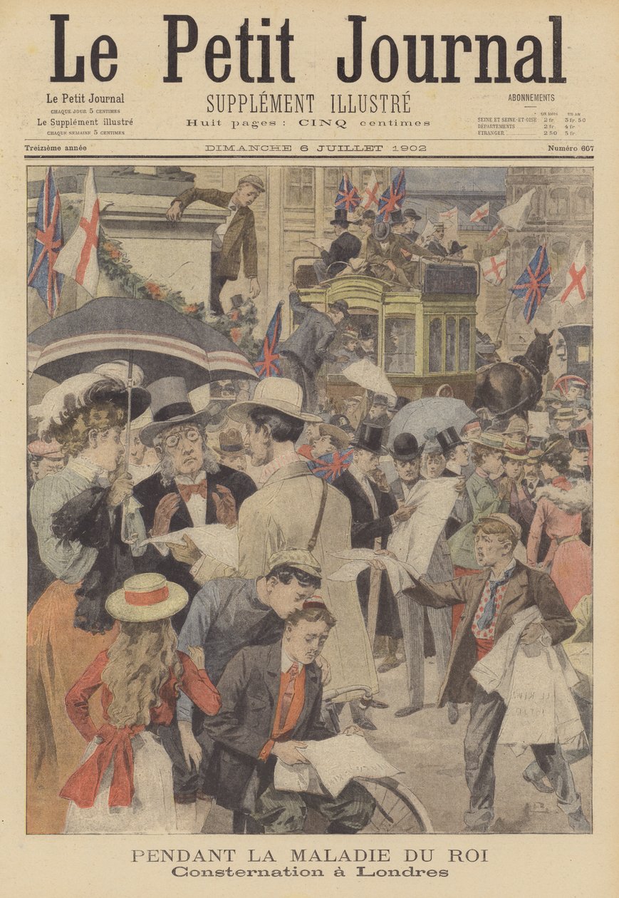 Zaniepokojenie w Londynie z powodu choroby króla Edwarda VII (kolorowa litografia) autorstwa French School