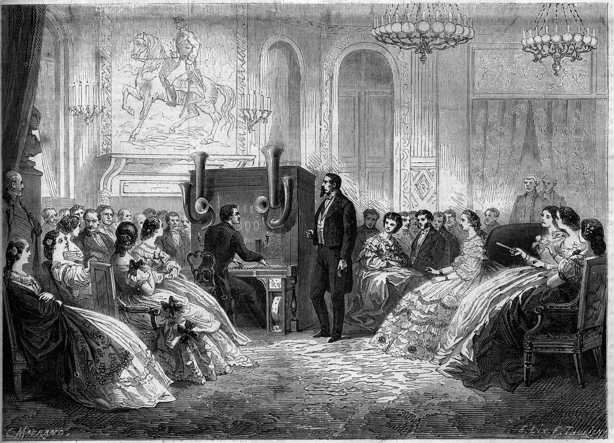 Koncert „fortepianowej orkiestry elektromotorycznej” jej wynalazcy J.B. Schalkenbacha w obecności Napoleona III i Impress Eugenie de Montijo. Palais de Saint Cloud autorstwa French School