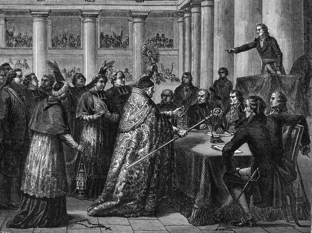 Konkordat z 1801 r. - Podpisanie konkordatu między Francją (w obecności Napoleona Bonaparte) a Saint Siege (Saint Siege) (rycina) autorstwa French School