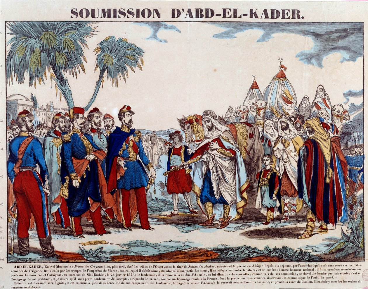 Podbój Algierii (1830-1847): poddanie Abd el-Kadera (Abd-el-Kader lub ibn Muhyi al-Din al-Hasani) (1807-1883) księciu Aumale i armii francuskiej w dniu 24 stycznia /1848. Rycina z kolekcji prywatnej z końca XIX wieku autorstwa French School