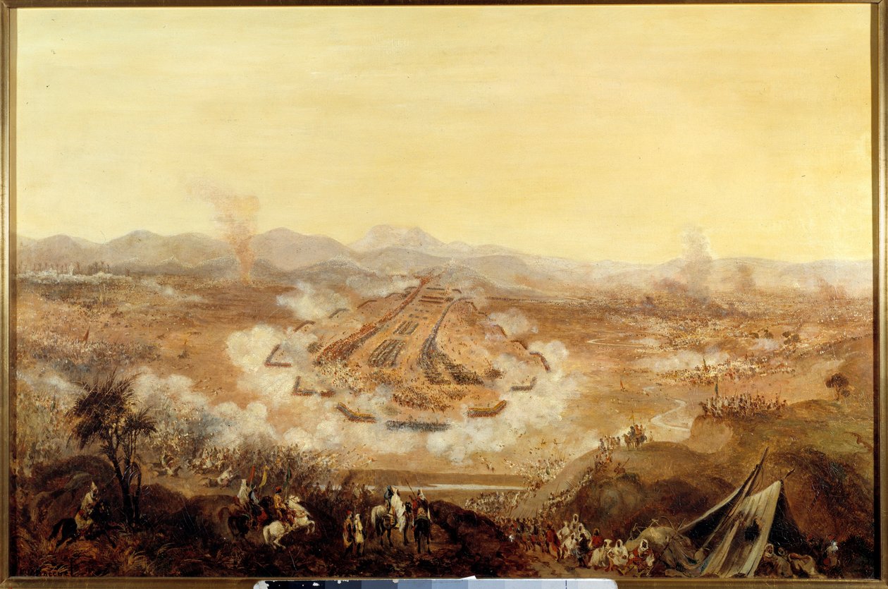 Podbój Algierii: „Bitwa pod Isly 16/08/1844 przedstawiająca Marokańczyków wspierających Abd el Kadera Francuzom” Obraz szkoły francuskiej. 1844 Paryż, Musee de l
