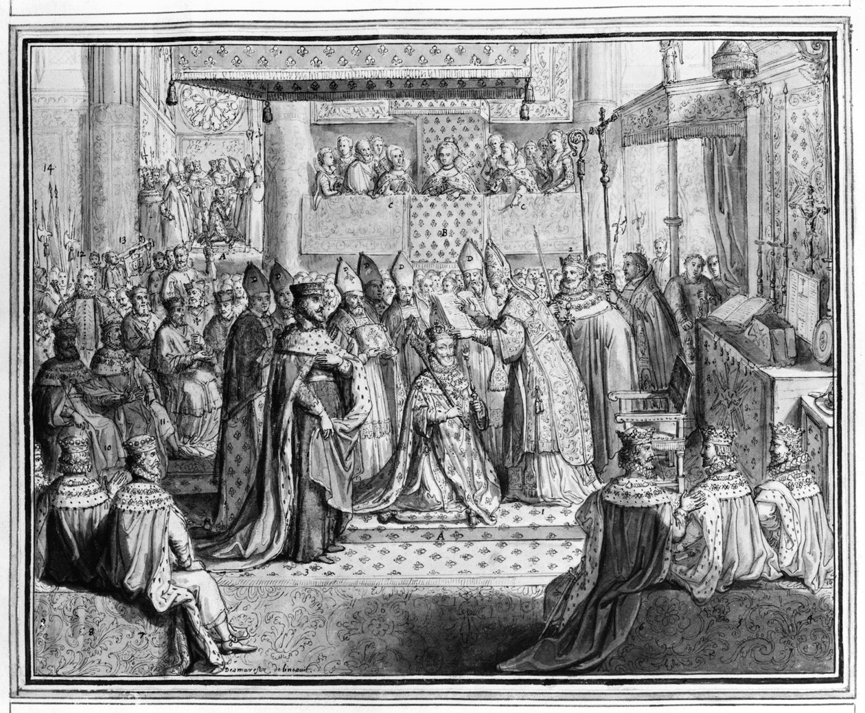 Konsekracja i koronacja Henryka IV (1553-1610) w katedrze w Chartres 27 stycznia 1594, koniec XVI wieku (więcej) (patrz także 207725) autorstwa French School