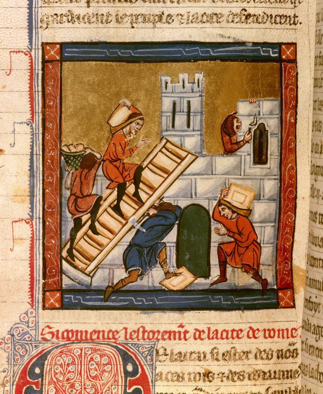 Budowa Rzymu. Miniatura rękopisu „Histoire ancienne à la Cesar”, około 1260-1270, napisana przez urzędnika dworu Rogera IV, kasztelaina z Lille (1208-1230), autor mógł być dla niektórych Wauchierów Denaina. Dijon, Monachium autorstwa French School