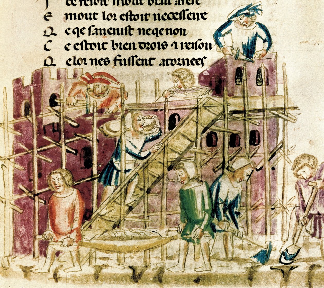 „Budowa twierdzy” Miniatura rękopisu z XIV w. Paryż, B.N. autorstwa French School