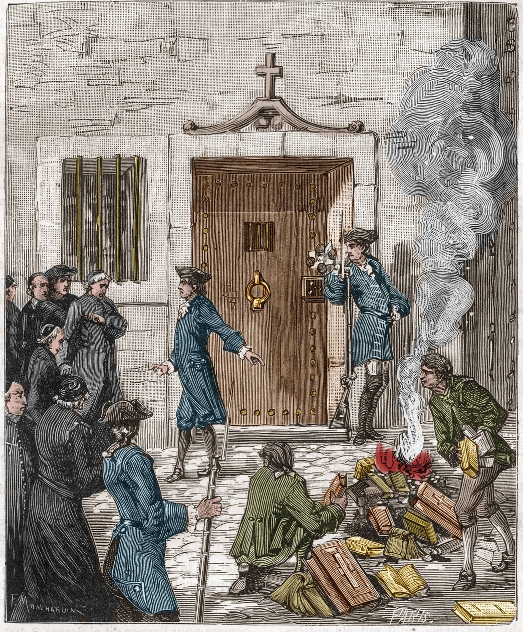 Skazanie Societe des Jesuites decyzją Parlement de Paris z dnia 6 sierpnia 1762 r. Sąd nakazał spalenie przez kata ponad 24 księgi i księgi sporządzone przez jezuitów. Rycina XIX wieku. autorstwa French School