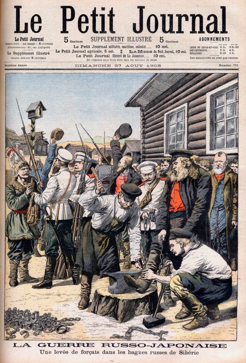 Skazani na Syberii wcieleni do walki w wojnie rosyjsko-japońskiej. Wojna rosyjsko-japońska. Wzrost forcatów w rosyjskich bagnach Syberii. Ilustracja do Le petit Journal, 27 sierpnia 1905. autorstwa French School