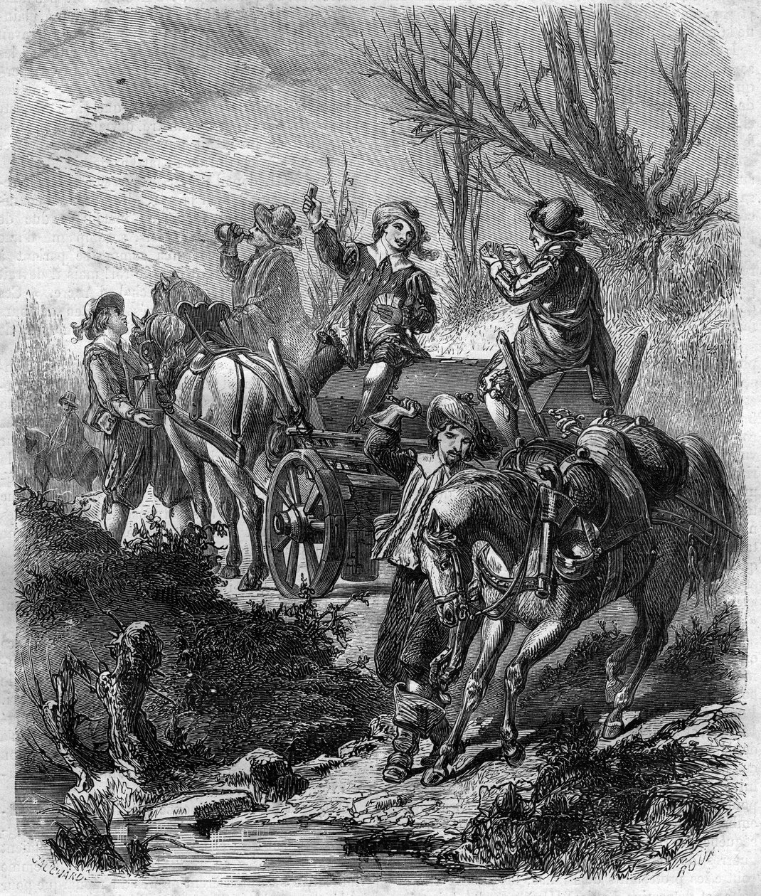 Konwój Karola, markiza Alberta, księcia Luyne (1578-1621) francuskiego męża stanu, konstabla i pierwszego księcia Luynes. Grawer w „Historii papieży-królów-królowych i cesarzy na przestrzeni wieków”” Maurice Lachatre autorstwa French School