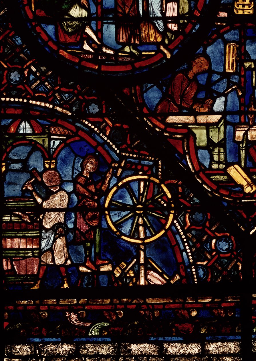 Bednarze przy pracy, fragment z okna Życie św. Juliana Szpitalnika w północnym ambulatorium autorstwa French School